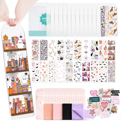 YOPPIX 6x2” Acrylic Bookmark Blanks- 20 Pieces Bookmark Making Kit with 20 UV DTF Stickers About Halloween Theme and 20 Ribbon for DIY Your Crafts Gifts Booklovers Gifts
