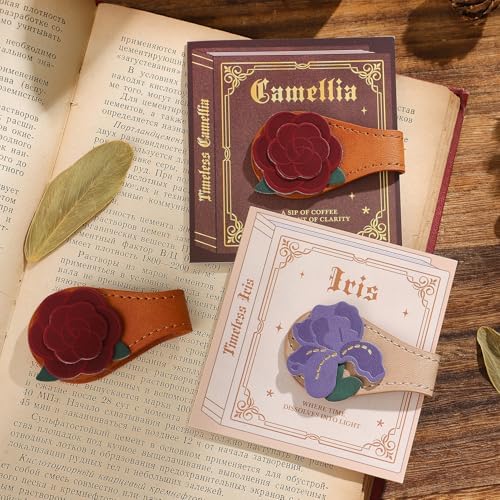 2PCS Vintage Magnetic Leather Bookmark, Leather Magnetic Bookmarks for Women,Unique Book Marks Gifts for Book Lovers, Magnetic PU Bookmarks Clip Book Accessories for Adults & Kids, Iris & Camellia