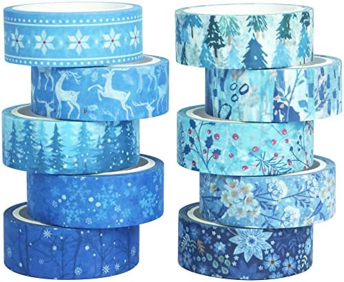 YUBBAEX 10 Rolls Four Seasons Washi Tape Set Blue Snowflake Masking Decorative Tapes (Winter)
