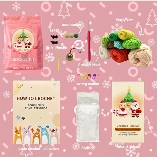 minimal beee Beginner Christmas Crochet Kit - 3-Piece Santa & Mrs. Claus Set, Complete Craft Supplies with Video Tutorials for Christmas Tree Decor.Gift Hobby for Adults