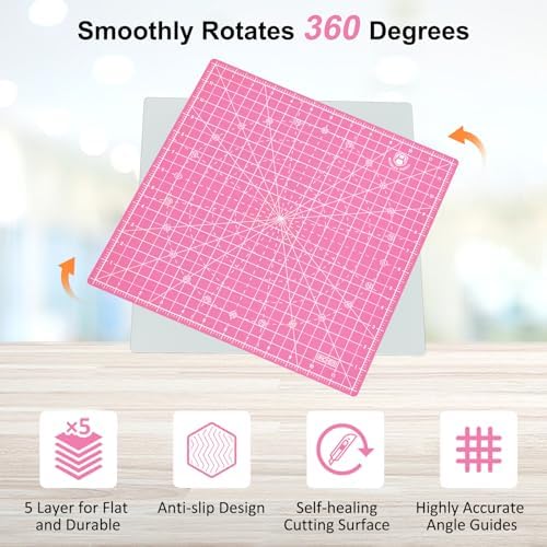 Headley Tools 12"x12" Rotating Cutting Mat, Self Healing Mat with 360-Degree Rotation & Anti-Slip Base, Sewing Board Cutting Mat Perfect for Fabric Quilting Leather Hobby Project，Pink
