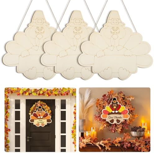 Large Size 12" Wooden Turkey Ornaments to Paint, Thanksgiving DIY Blank Unfinished Wreaths Front Door Sign Decorations Autumn Harvest Autumn Harvest Door Hanging Sign Plaquex Halloween 3PCS