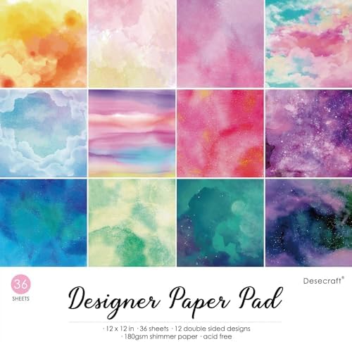 36 Sheets 12x12 Scrapbook Paper Pad - 12 Designs Double Sided 180GSM Pearl Shimmer Watercolor Cardstock, Vintage Patterned Decorative Paper for Card Making, Scrapbooking Supplies