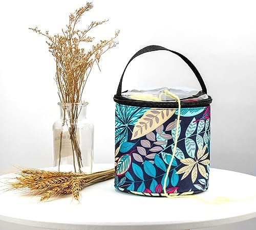 mini yarn storage small size yarn bag for crocheting with holes,empty round knitting tote bags protable yarn holder,perfect for travel,beginner & crocheter(Blue Leaves)