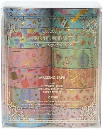 12 Rolls Charming Washi Tape Set Gold Silver Foil Detailing Arts Adhesive Tapes Basic Patterns Decorative Masking Tape Sets for Craft, Kids, Scrapbook, DIY, Gift Wrapping (Whimsical Pastels)