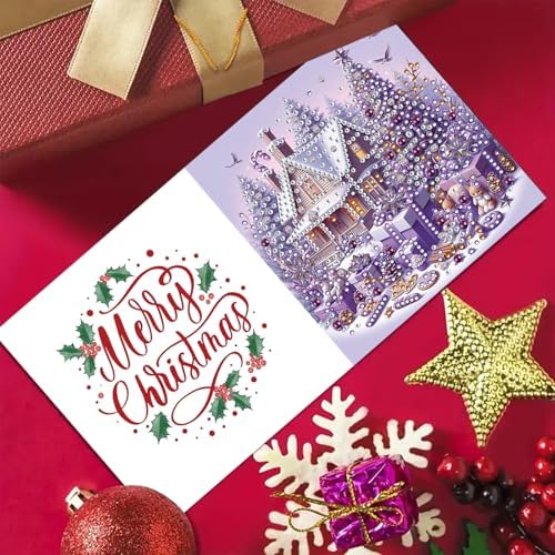 6Pcs Christmas Greeting Card DIY Diamond Art Painting Greeting Cards Blessing Folding Card Kit with White Envelopes Diamond Arts Crafts for Birthday Festival Gift-Purple