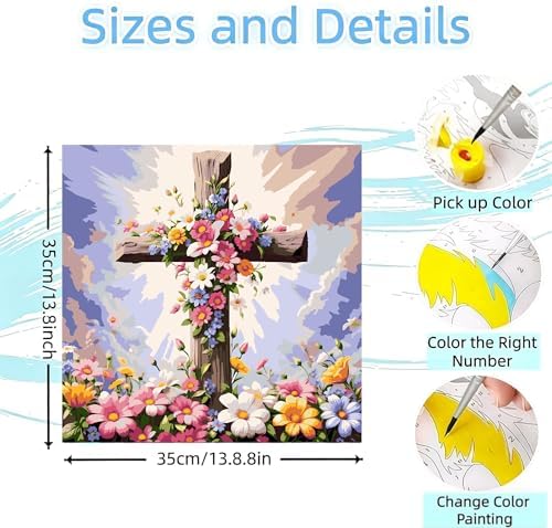 EIBEILI Christian Cross Paint by Numbers Kit for Adults Beginner,Flower Adult Paint by Number Kits on Canvas,Easy Canvas Paint by Numbers for Adults for Home Wall Decoration 14 X 14 inch