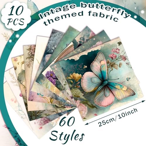 HunnmingRe 20 Pcs 10''x10'' Vintage Butterfly Quilting Fabric Square Spring Floral Precuts Quilted Fabric Bundle Watercolor Butterfly Printed Sewing Material for Holiday Patchwork DIY Craft Supplies
