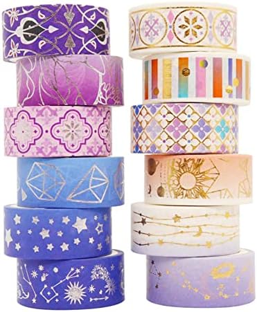 12 Rolls Galaxy Washi Tape Set Bronzing Starry Night Decorative Masking Tape for Scrapbooking, Journal, Planner, DIY Crafts, Gift Wrapping
