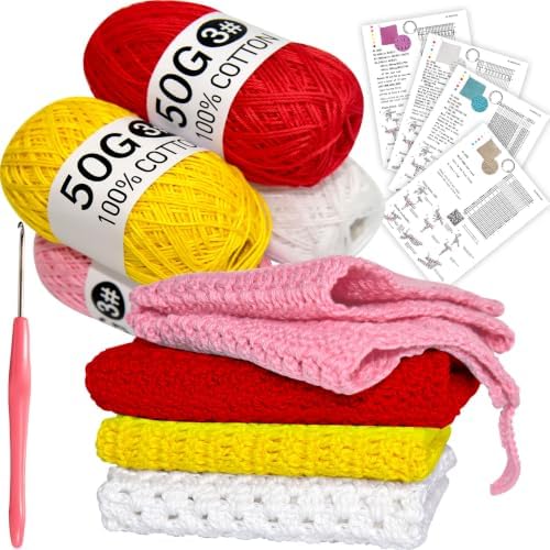 zwzxd Beginner Crochet Kit: Cotton Thread, Hooks & DIY Dishcloth Tutorial （Bold Warm Tone）