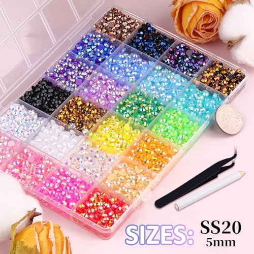 6600Pcs Resin Rhinestones for Crafting with Tweezers, Mixed-Color 5mm Bedazzling Crystal with 1Pcs 10ml B7000 Jewelry Glue for DIY Crafts Clothing Tumblers Shoes Fabric Nail Art