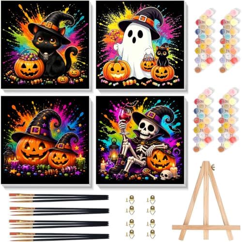 SUJINMEI 4 Pack Halloween Paint by Numbers Kit for Kids with Frame 8x8 inch
