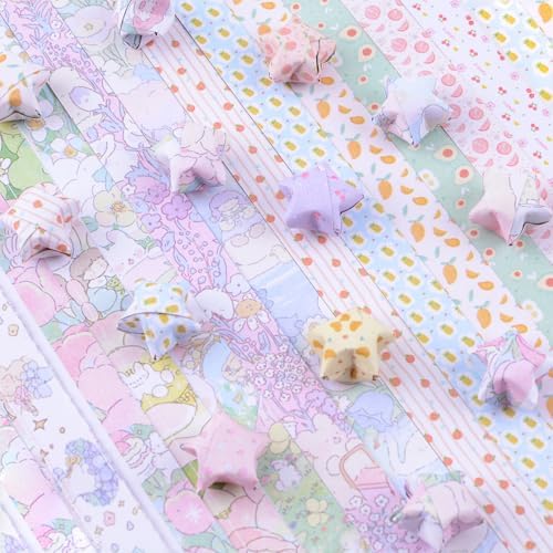 1200Pcs Colorful Origami Star Paper Strips 24 Patterns Double-sided Spring Pattern Lucky Star Paper Strips for DIY Handcrafts School Teaching
