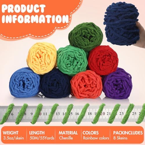 Buryeah 8 Pack Chunky Chenille Yarn for Crocheting, Rainbow Colors