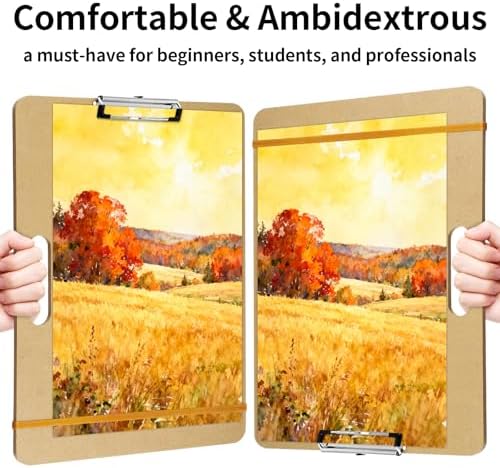 13" x 17" Art Drawing Board with Clip, Watercolor Painting Sketch Pad | Portable Lightweight Wooden Large Clipboard, with Handle Rubber Band, for Artist Sturdy Art Easel for Studio, Indoor Outdoor