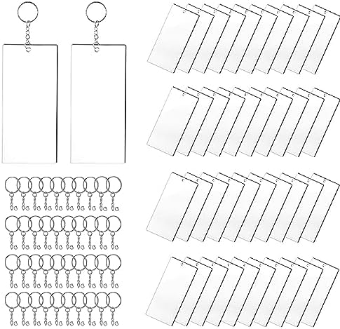 48 Sets of Acrylic Keychain Blanks Including Rectangle Clear Acrylic Ornament Blanks (3 x 7cm), Key Chain Rings and Jump Rings for Vinyl DIY Projects and Crafting