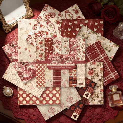 Vintage Red Scrapbooking Paper Pad - 24 Sheets 6in Flowers Aesthetic Patterned Decorative for Decoupage Journals Wrapping Folded Supplies Gift Anniversary Cards DIY Crafts Photo Album Origami