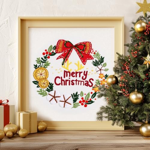 wtisan Christmas Embroidery Kit, Cross Stitch Kits for Beginners, Needlepoint with All Tools & Instructions, Stamped Hand Embroidery Starter Kit for Holiday Crafts & Xmas Home Decor, W14