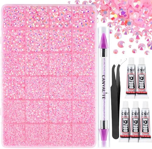 Canvalite 25000PCS Resin Jelly Rhinestones for Crafting, Pink AB Flatback Gems, Bedazzling Crystal with 5x2.5g B7000 Jewelry Glue and Tweezers Dotting Pen for DIY Crafts Clothing Shoes Nail Art