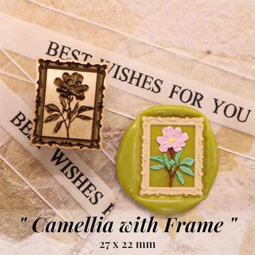 VANGOAL Wax Seal Stamp, Floral Series, 3D Embossed Brass Stamp Head with Wooden Handle, Vintage Sealing Kit for Wedding Invitations, Envelopes, Gift Wrapping, Letters and Crafts (Camellia with Frame)