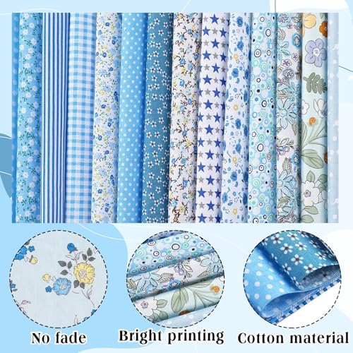 HunnmingRe 20 Pcs 10''x10'' Blue Flower Quilting Fabric Square Spring Floral Precuts Quilted Fabric Bundle Plaid Polka Dot Stripes Printed Sewing Material for Summer Patchwork DIY Craft Supplies