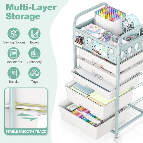 5 Drawer Rolling Storage Cart with Pegboard Top and Hooks, Green
