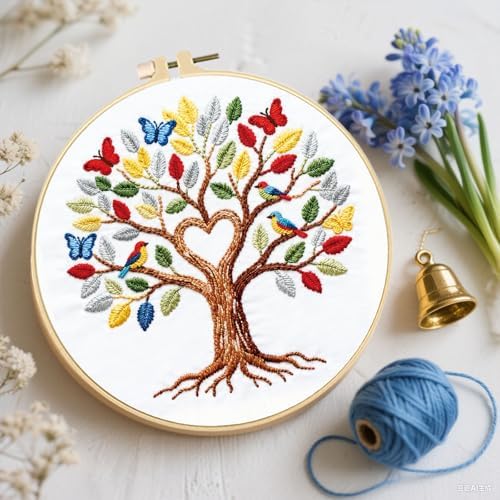 FREEBLOSS 4 Set Embroidery Kit Tree of Life Stamped Embroidery Starter Kit with Step by Step Instructions, Colored Threads, 2 Hoops, Needlepoint Kits for Hand Craft Lovers Gift, 30cm/11.8inch
