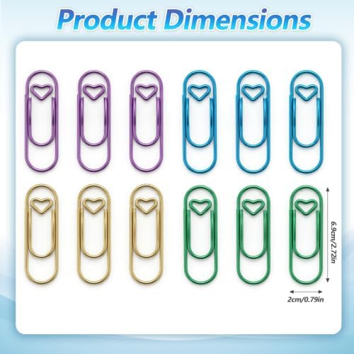 Ymapinc 12 Pcs Heart Paper Clips Small, Pen Holder Clips, Metal Cute Paperclips, Pen Holder for Notebook, Bookmark, Planner/Journal Accessories for School Office (Gold+Blue+Green+Purple)*3