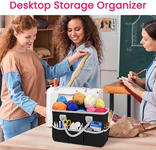 Desktop Tote and Stock Organizer, Teacher Helper Tote Bag Organization for Arts, Books, Stationery, Office Desk Organizer, Make-up Storage Tote with Handles for Travel, Black-Gray