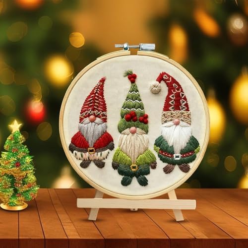 RUIQLXHANG Christmas Embroidery Kit - Christmas Gnomes Embroidery Kits for Beginners with Pattern, Cotton Threads, Needles, Instruction, 20cm Hoop, Gift for Mom, Grandma
