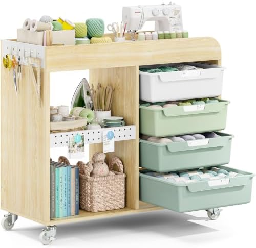 SYKIARIOL Craft Organizers and Art Supply Storage, Art Cart, Mint Green | Rolling Cart with 4 Drawers & Metal Pegboard, 5 Hooks, Cute Macaron Color Magnets for Craft Room, Office, Classroom