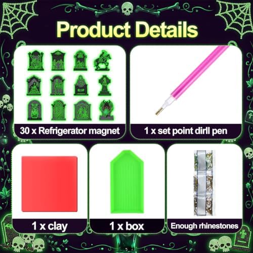Motipuns 30 Pcs Luminous Halloween Tombstones Diamond Painting Magnets Kits