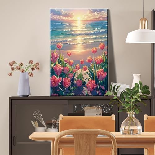 JOOZ Paint by Numbers Kit for Adults with Frame, Flowers Paint by Numbers for Adults, Seaside Sunset Paint by Number with Easel, DIY Tulip Oil Painting Kit for Home Wall Decor 8 x 12 Inch
