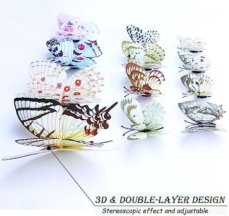 OPSEAM 3D Butterfly Wall Decor Butterfly Decorations Stickers with Magnets | 24 PCS White,12 Styles Double Layer Butterfly for Classroom Decoration,Locker Refrigerator, Reusable,Waterproof