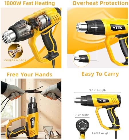 VTEK Heat Gun 1800W Hot Air Gun140℉-1202℉ Fast Heating Variable Temperature Control with 4 Nozzles for Shrinking PVC,Stripping Paint,Vinyl Wrap