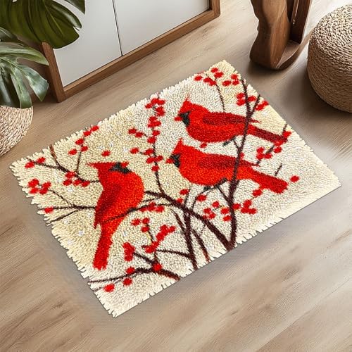 Latch Hook Rug Kit for Adults Red Cardinal on Red Berry Tree Pre-Printed Handmade Carpet Crochet Yarn Craft DIY Hook and Latch Door Mat Tapestry Home Floor Decoration 52x38cm(6)
