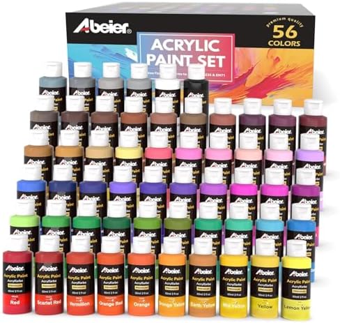 ABEIER Acrylic Paint Set, 56 Colors x 2 oz, Non-Toxic Matte Paint | Rich pigments, smooth blending, waterproof when dry, fade-resistant finish, multi-surface art and craft projects