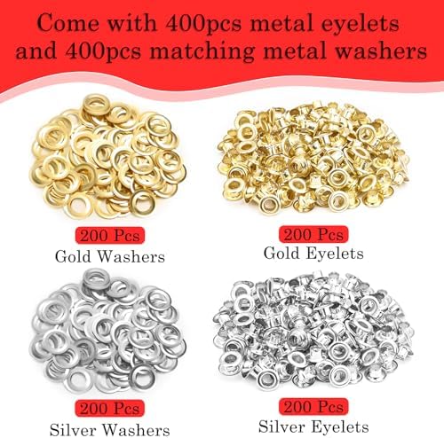 803Pcs Grommet Eyelet Pliers Kit, 1/4 Inch Grommet Tool Kit with 800 Metal Eyelets, Grommet Hand Press kit for Leather Crafts(Inside Dia: 6.4mm/Outer Dia: 12mm (A.I.S.)/Flange Width: ~3mm)