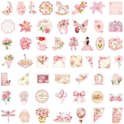 50pcs Pink Aesthetic Flowers Stickers Flora Scrapbook Stickers