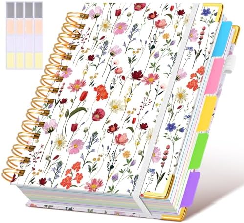 Hardcover Spiral Notebook journal with Removable Dividers Tabs, 300 Pages 5 Subject Notebook College Ruled, 100GMS Notebooks for Work School Note taking,Lined Journal for Women,A5-Flower white