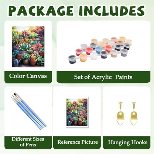 ICYANART Succulent Paint by Numbers Kit for Adults Beginner Plant Lover | Succulent Paint by Number for Adults Beginners, Acrylic Green Painting by Numbers, Succulent Number Painting 16x20 In