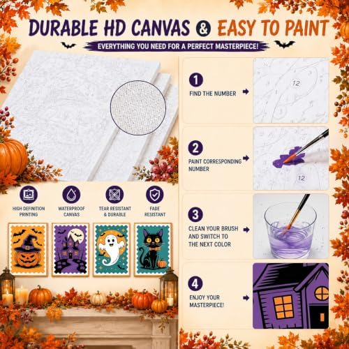 HITO 4 Pack Halloween Paint by Numbers Kit for Kids 6-8-12 with Frame Easel