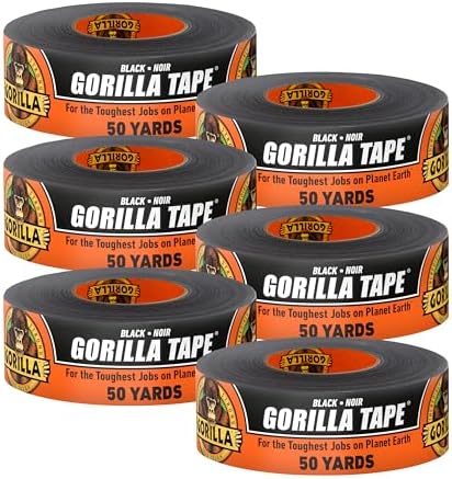 Gorilla Duct Tape, Black Tape, 1.88" x 50 yd (Pack of 6) - Heavy Duty and Weather Resistant for Indoor or Outdoor