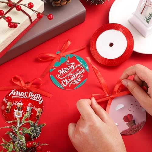Queekay 25 Pcs White Round Acrylic Christmas Ornament with Red Ribbon DIY