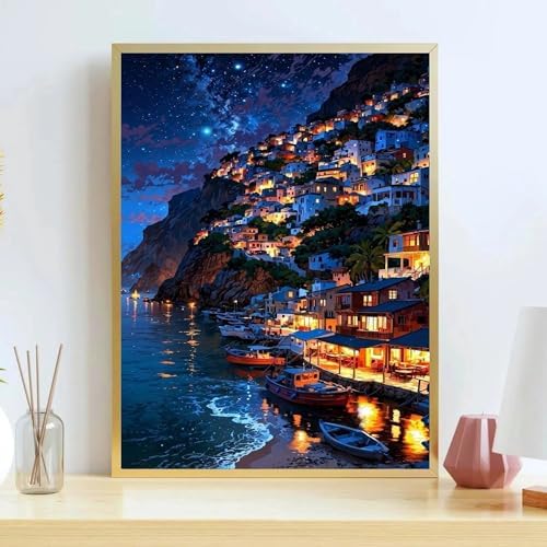 koemhxb Mediterranean Night Paint by Numbers Kit for Adults, Coastal Village Painting by Numbers, Adult Paint by Number Kits Suitable for Gifts and Interior Decor 16x20 Inch