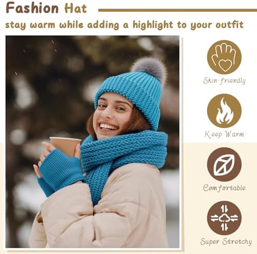 Maasechs Knitting Kit for Beginners Adults Learn to Knit Hat Scarf Glove Complete Knitting Starter Kit with Yarn, Needles, Faux Pom Pom and Step by Step Instruction for Women and Men (Lake Blue)