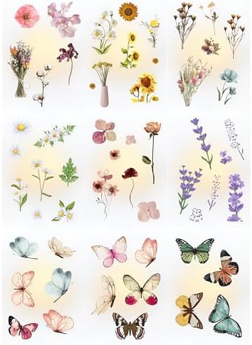 Transparent Flower and Butterfly Stickers for Scrapbooking, Journaling - Vintage Clear Floral Stickers - Waterproof Vinyl Nature and Aesthetic Decals, Gifts for Women & Men