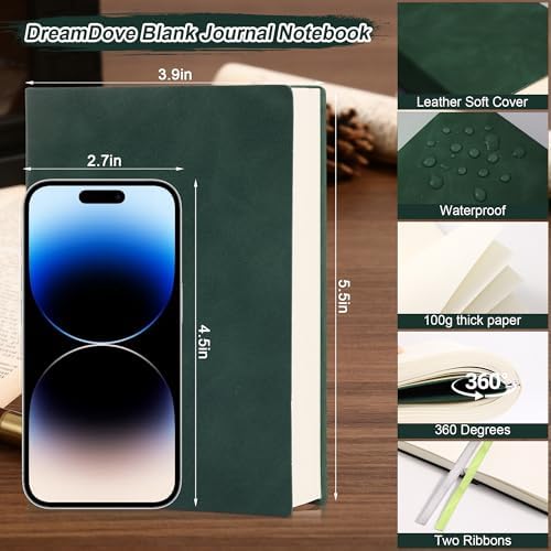 Thick Blank Journal Notebook 400 Pages 3.9 × 5.5 No Lines Soft Leather Pocket Blank Notebook for Women Drawing Book Memo Writing Sketch Diary Notebook Upgrade Page (dark green)