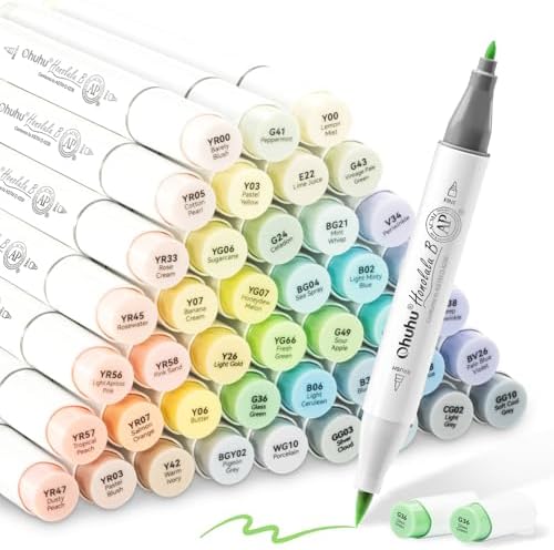 Ohuhu Alcohol Markers 48 Pastel Colors Brush & Fine for Adults Coloring