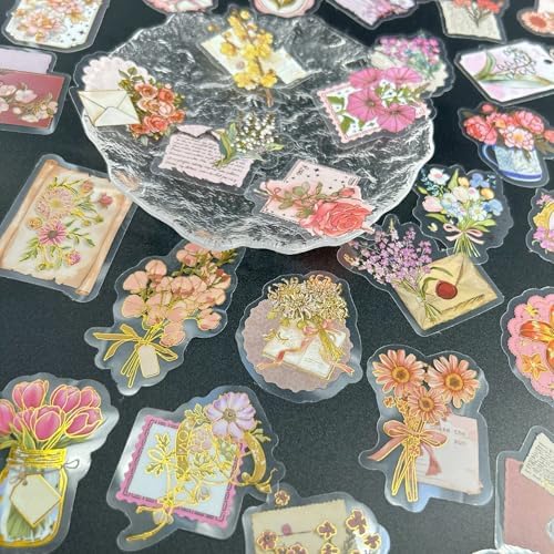 50 Pcs PET Transparent Gold Foil Flower Stickers, Waterproof Vinyl Floral Decals for Laptop Skateboard Luggage, Elegant Flower-Themed Stickers Gift for Teens Adults(Flower-sl)